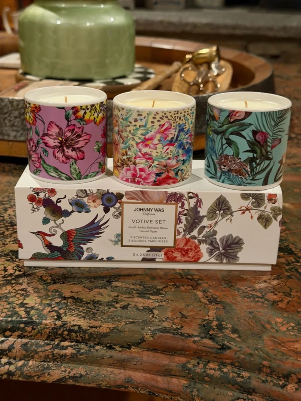 JOHNNY WAS HOME - 3 VOTIVE CANDLES Pacific Amber, Bohemian Bloom, Coastal Poppy